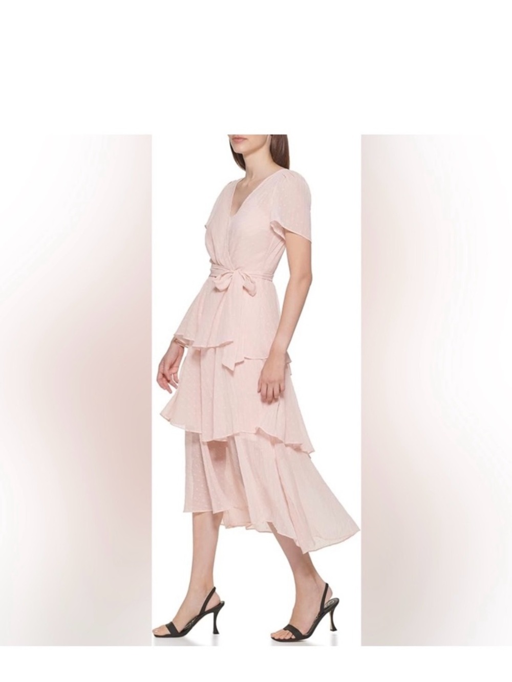 Calvin Klein Blush Pink Tiered Wrap Midi Dress - Picture 2 of 9